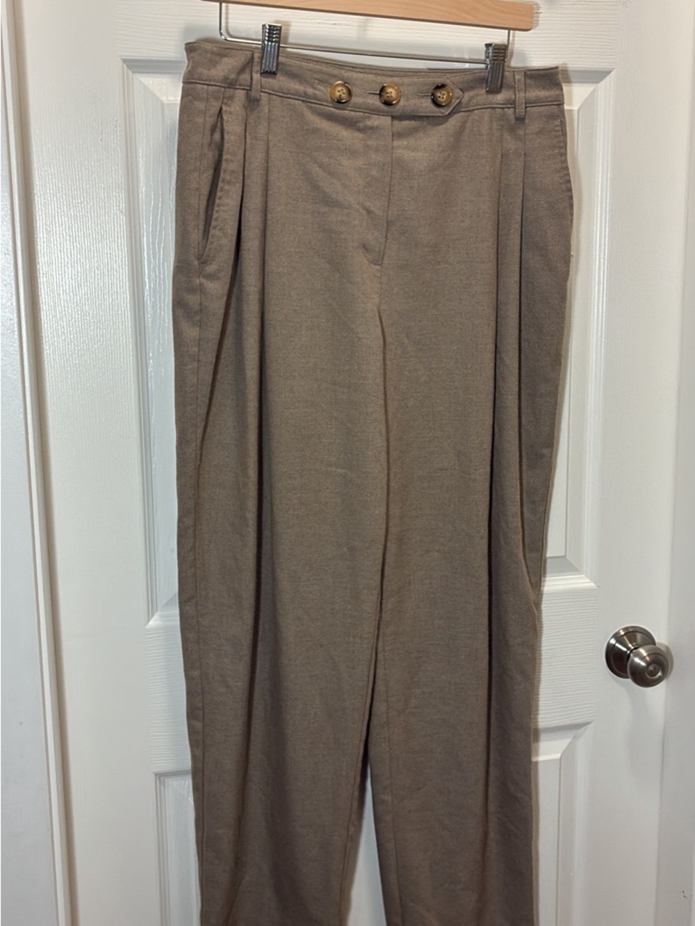 High-Waist Pleated Taupe Trousers with Button Detail